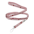 Load image into Gallery viewer, A pink and white gingham dog leash with embroidered red strawberries and a silver metal carabiner, shown on a clean white background.