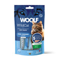 Load image into Gallery viewer, A package of WOOLF WildCat soft snack treats for cats, featuring a blue stand-up pouch with a wolf graphic, a cat photo, and two blue stick packs visible through a clear window.
