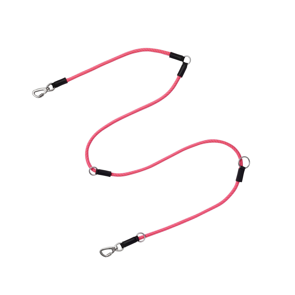 A pink braided rope leash with black protective sleeves and silver metal snap hooks on both ends, displayed on a clean white background.