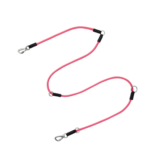 A pink braided rope leash with black protective sleeves and silver metal snap hooks on both ends, displayed on a clean white background.