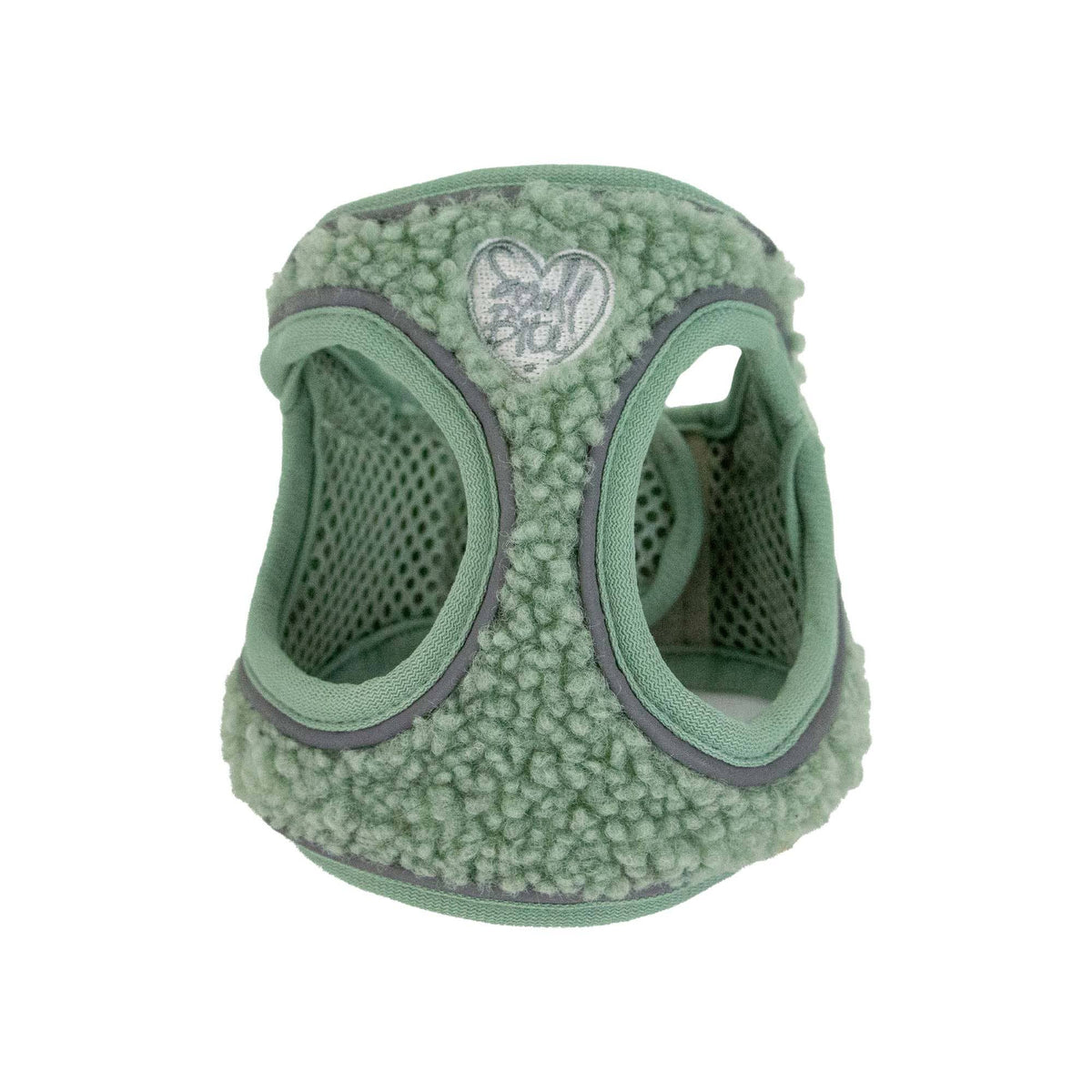 Green pet harness with fleece material on a white background