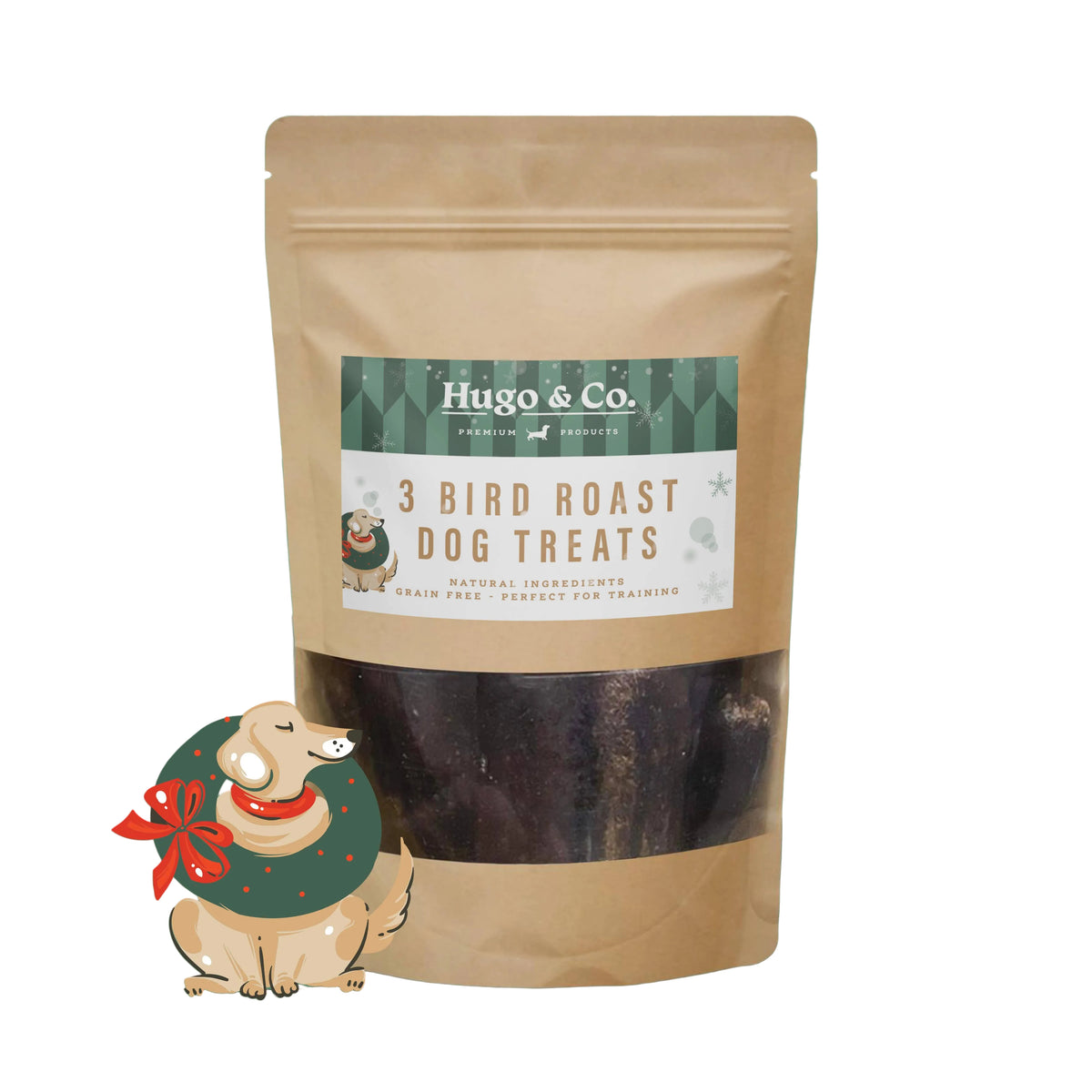 A stand-up kraft paper pouch of Hugo & Co. dog treats labeled '3 Bird Roast Dog Treats,' shown on a teal background with white snowflake graphics.