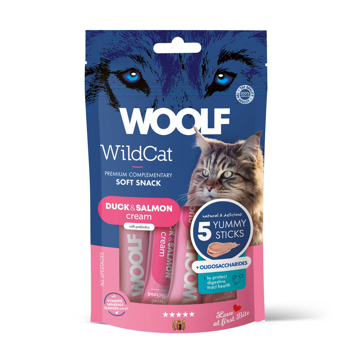 A package of WOOLF WildCat Duck & Salmon cream soft snack treats for cats, featuring a blue and pink bag with a cat illustration and two visible pink sticks inside.