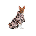 Load image into Gallery viewer, A small brown and white dog wearing a pink leopard-print hooded raincoat, sitting on a white display block 
