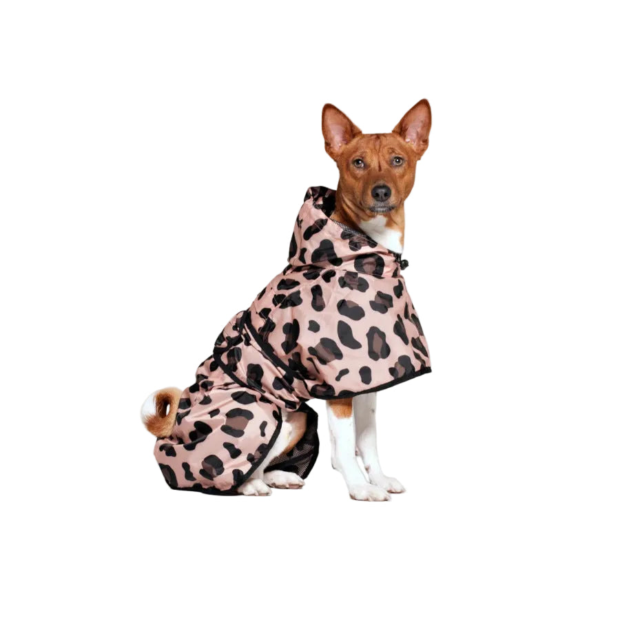 A small brown and white dog wearing a pink leopard-print hooded raincoat, sitting on a white display block 