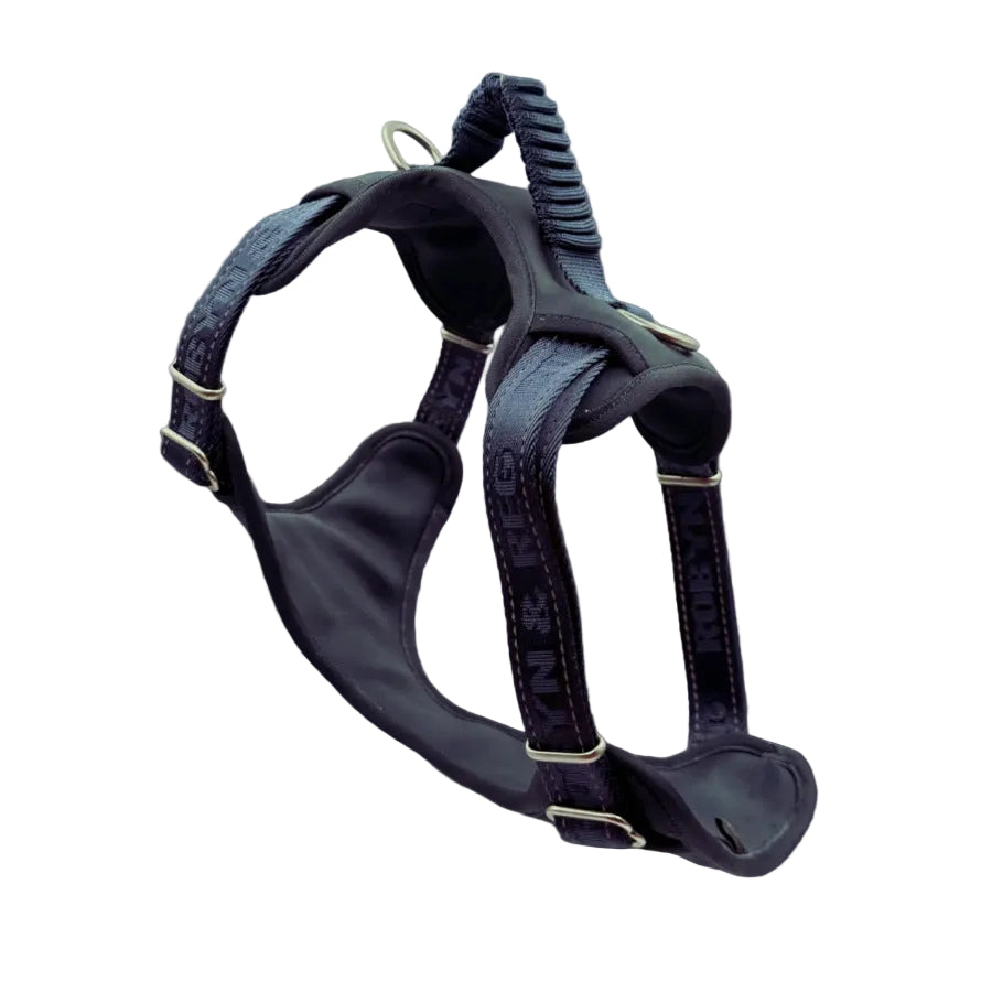 A dark navy blue dog harness with silver metal hardware