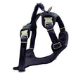 Load image into Gallery viewer, A dark navy blue dog harness with silver metal buckles and a coiled leash attached at the top
