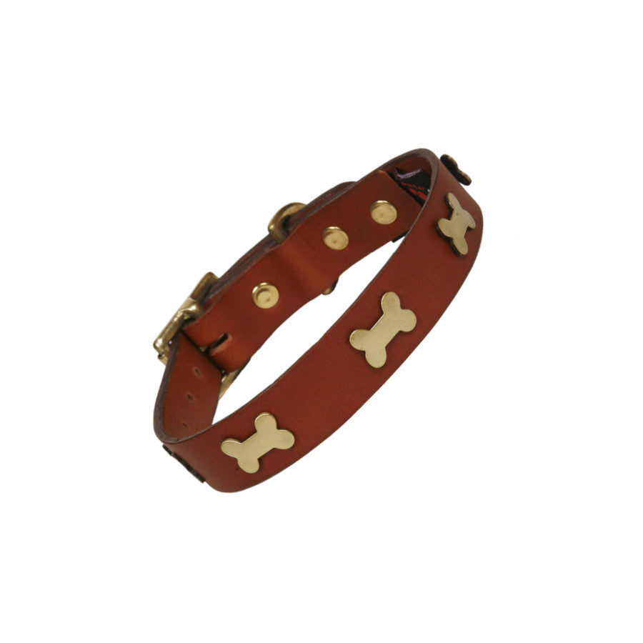 Brass Bones Tan Leather Dog Collar