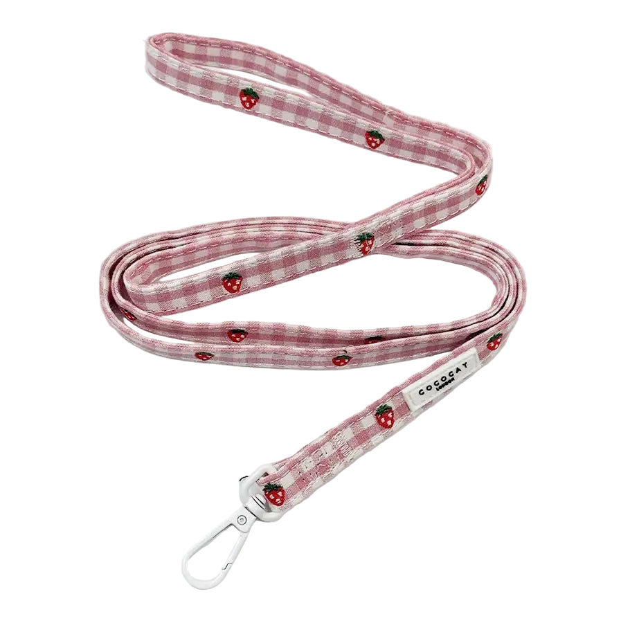 A pink and white gingham dog leash with embroidered red strawberries and a silver metal carabiner, shown on a clean white background.