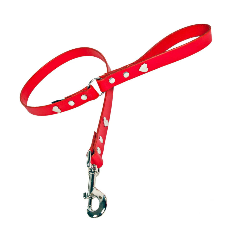 Silver Heart Red Leather Dog Lead