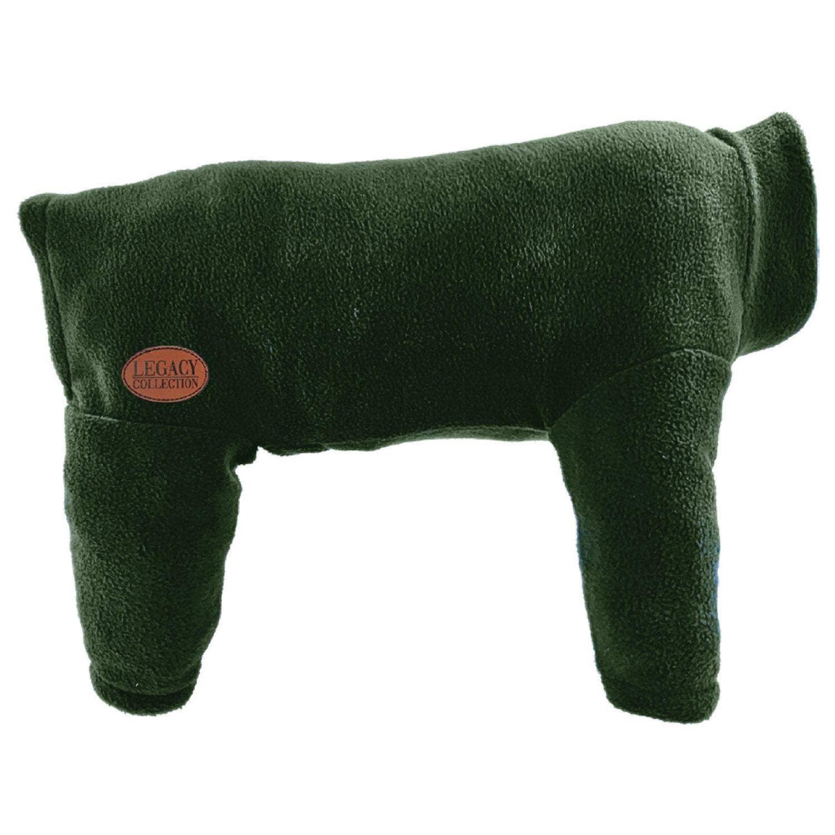 A dark forest green fleece dog coat shown from the side against a plain white background, featuring a small oval 'Legacy Pet Apparel' logo patch on the side.