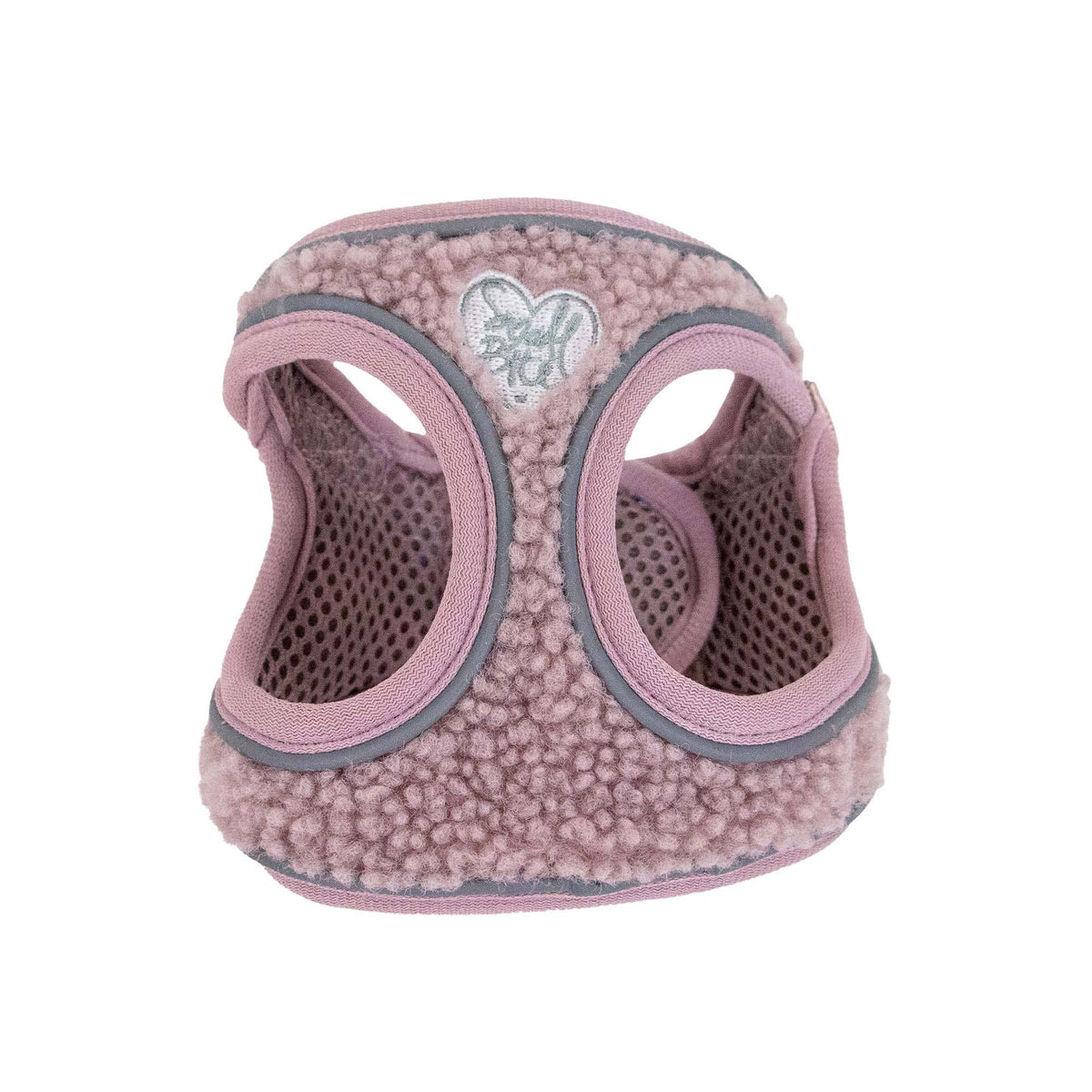 Pink pet harness with gray accents on a white background