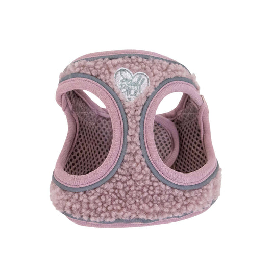 Pink pet harness with gray accents on a white background