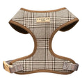 Load image into Gallery viewer, A Cocomup London dog harness in a brown and beige plaid pattern with solid brown trim and a tan plastic buckle
