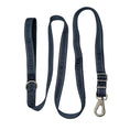 Load image into Gallery viewer, A midnight blue dog leash with white contrast stitching, featuring the brand name printed repeatedly on the strap, a silver metal D-ring on one end, and a silver carabiner clip on the other
