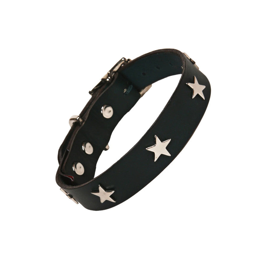 Silver Stars Black Leather Dog Collar