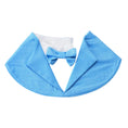Load image into Gallery viewer, A light blue fabric pet collar designed to look like a tuxedo lapel, featuring a matching blue bow tie and a white faux shirt insert, displayed on a light gray background with a 'Unique Dog' logo in the top-left corner.

