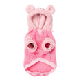 Load image into Gallery viewer, A pink plush pet hooded blanket with bear ears on the hood and two circular openings on the front resembling eyes, shown against a plain white background.
