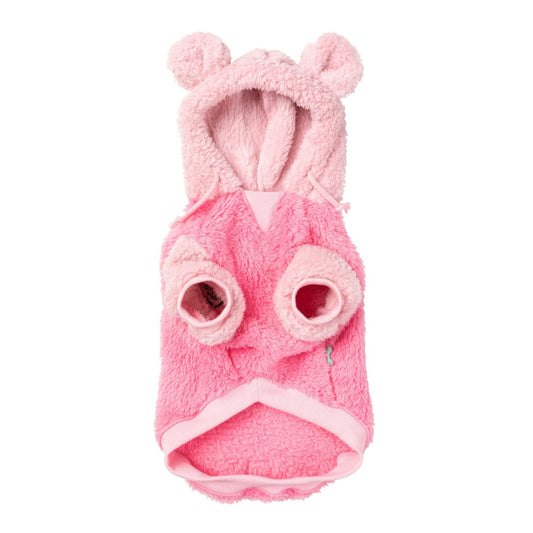 A pink plush pet hooded blanket with bear ears on the hood and two circular openings on the front resembling eyes, shown against a plain white background.